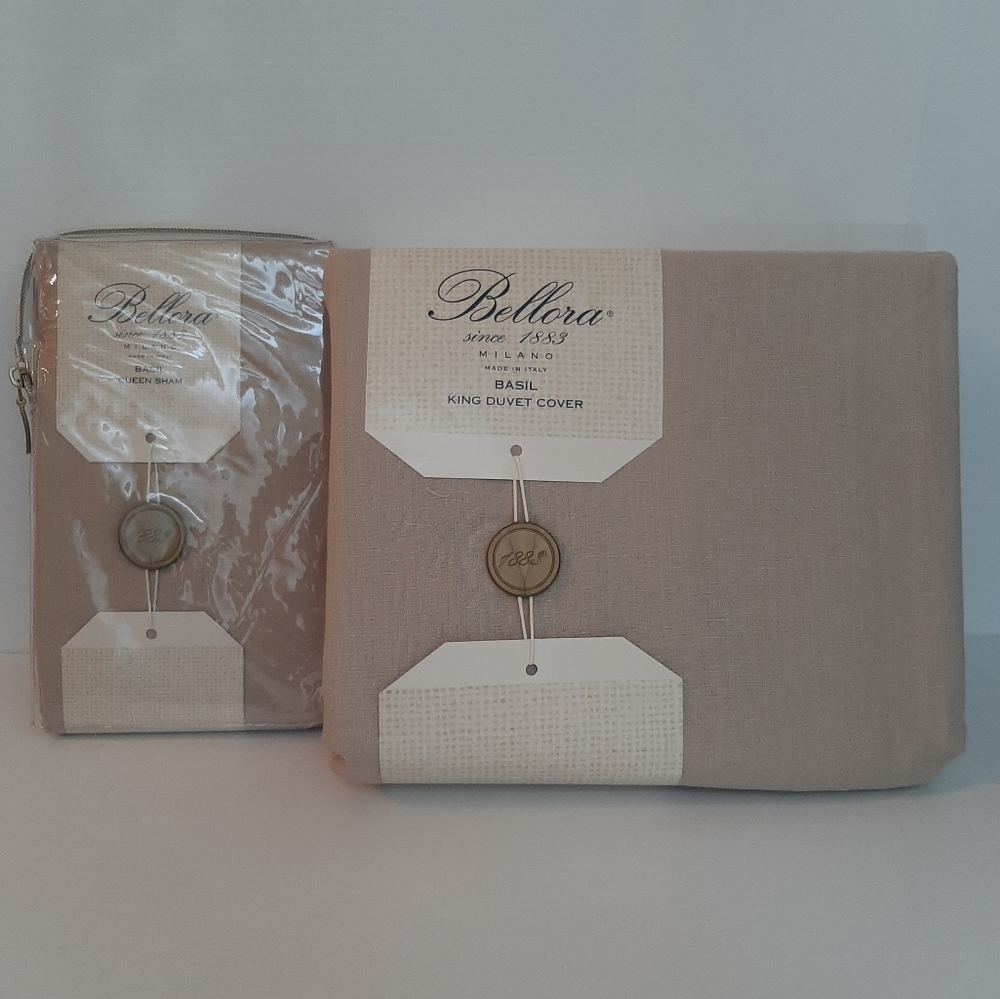 BELLORA Basil KING Duvet Cover 100% Linen 1 QUEEN Sham Made in Italy Beige Tan